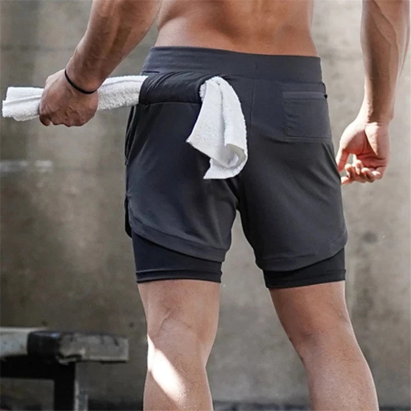 2 In 1 Double-deck Quick Dry Running Shorts Men Sports Short Pants