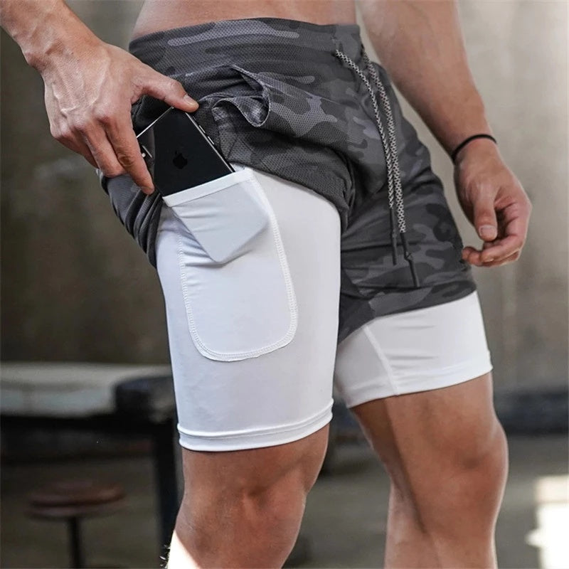 2 In 1 Double-deck Quick Dry Running Shorts Men Sports Short Pants