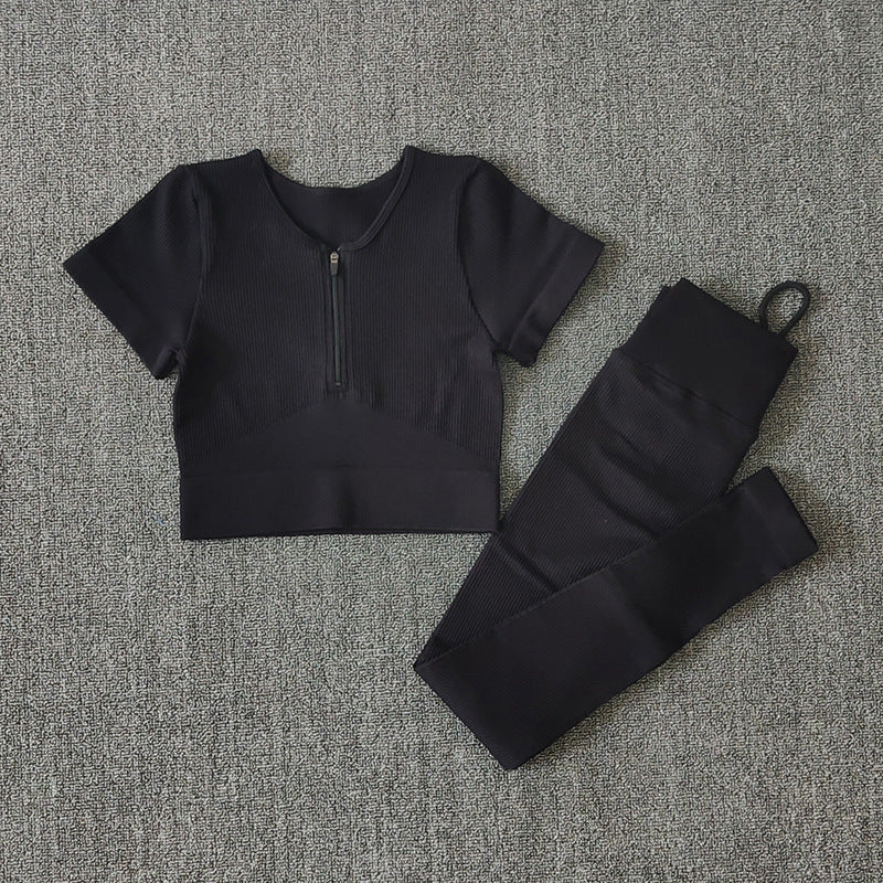 Front Zipper Sports Short Sleeve High Waist Yoga Pants